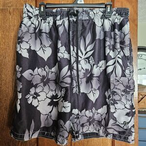 Sonoma Mens XL Swim Trunks Black with Gray Tropical Pocket & Drawstring Good